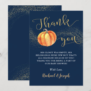 Gold Glitter Pumpkin Navy Blue Boy Baby Shower Thank You Card