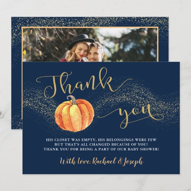 Gold Glitter Pumpkin Navy Blue Photo Baby Shower Thank You Card (Front/Back)