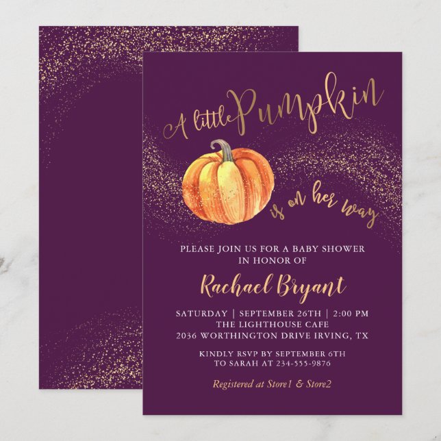 Gold Glitter Pumpkin Purple Girl Baby Shower Invitation (Front/Back)