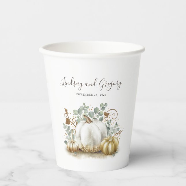 Gold Glitter Pumpkins Elegant Fall Celebration Paper Cups (Front)