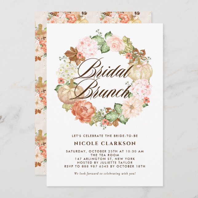 Gold Glitter Pumpkins Wreath Fall Bridal Brunch Invitation (Front/Back)