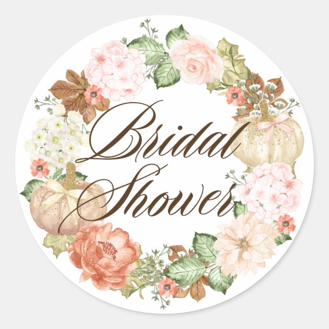 Gold Glitter Pumpkins Wreath Fall Bridal Shower Classic Round Sticker (Front)