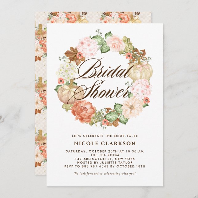 Gold Glitter Pumpkins Wreath Fall Bridal Shower Invitation (Front/Back)