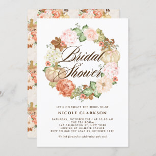 Gold Glitter Pumpkins Wreath Fall Bridal Shower Invitation