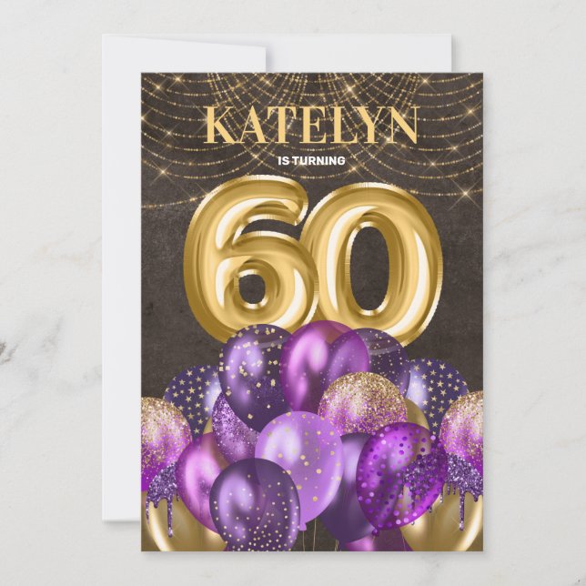 Gold Glitter Purple Balloons 60th Birthday Party Invitation (Front)