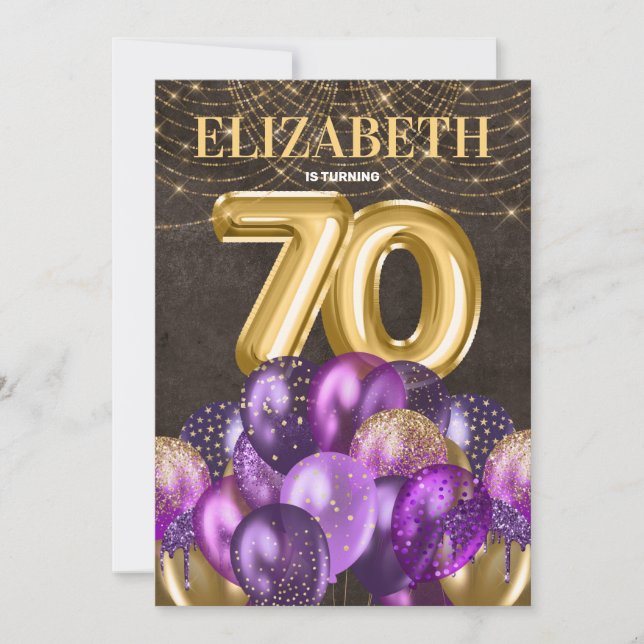 Gold Glitter Purple Balloons 70th Birthday Party Invitation (Front)