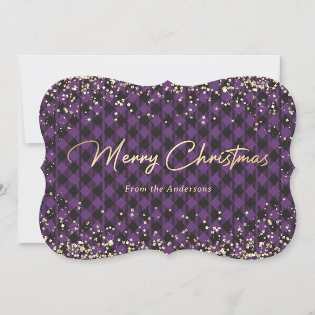 Gold Glitter Purple Buffalo Plaid Christmas Cards (Front)