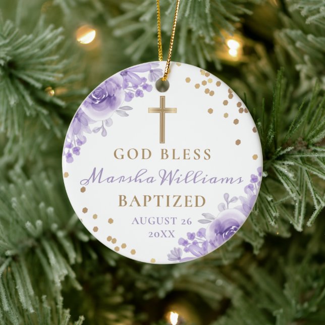 Gold Glitter Purple Floral Girl Baptism Photo Ceramic Ornament (Tree)