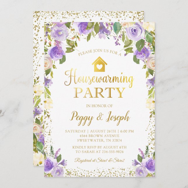 Gold Glitter Purple Floral Housewarming Invitation (Front/Back)