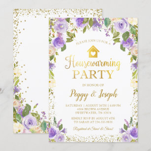 Gold Glitter Purple Floral Housewarming Invitation