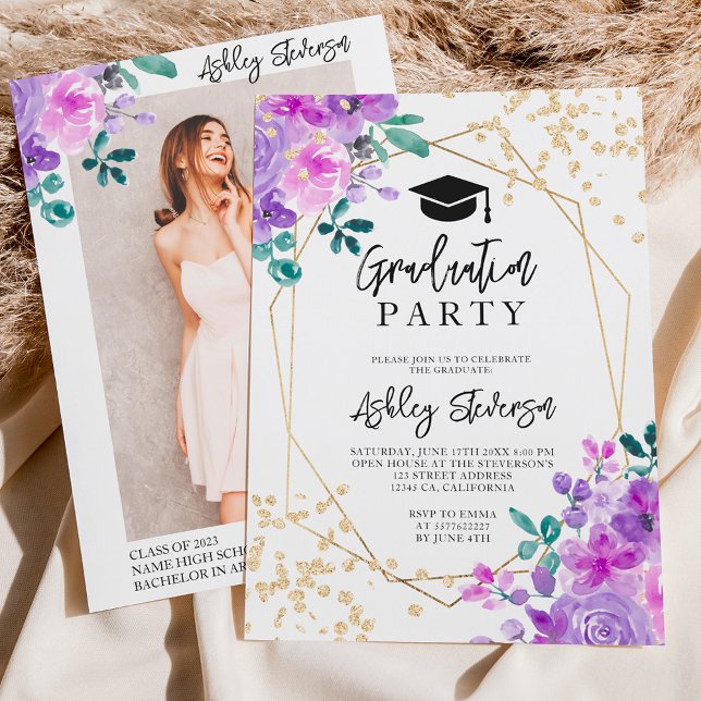 Gold glitter purple floral photo graduation invitation (Creator Uploaded)