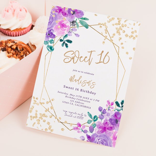 Gold glitter purple floral photo Sweet 16 Invitation (Creator Uploaded)