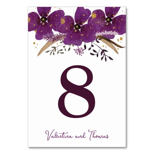 Gold Glitter & Purple Flowers Wedding Table Number (Front)