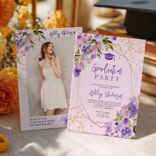 Gold glitter Purple girly floral photo graduation Invitation