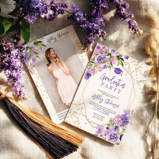 Gold glitter Purple girly floral photo graduation Invitation (Gold glitter Purple girly floral photo graduation Invitation)
