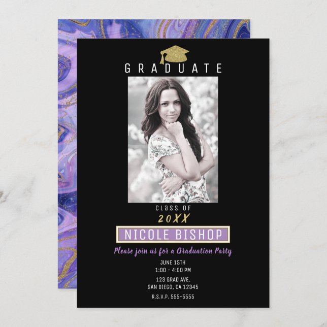 Gold Glitter Purple Marble Glam Graduation Party Invitation (Front/Back)