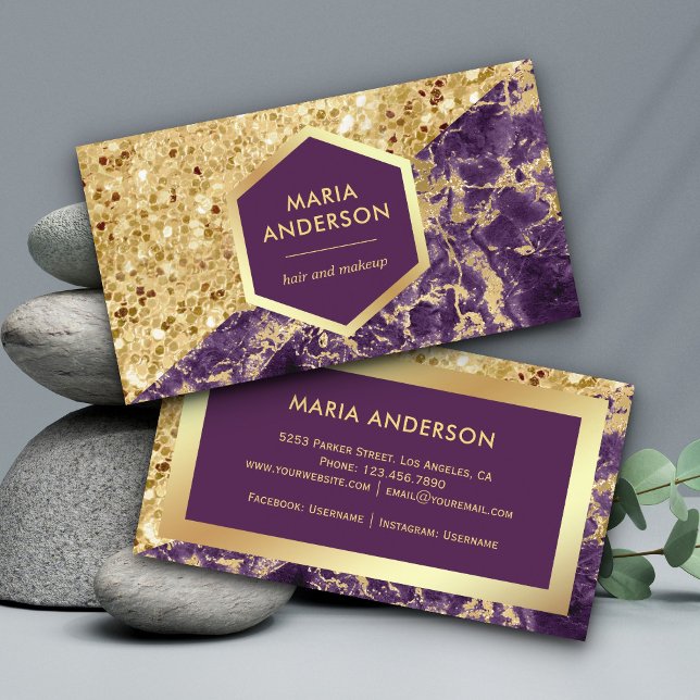Gold Glitter Purple Marble Makeup Artist Business Card (Creator Uploaded)