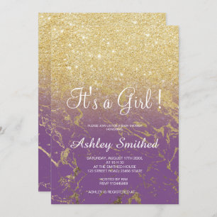 Gold glitter purple ombre marble girl baby shower invitation