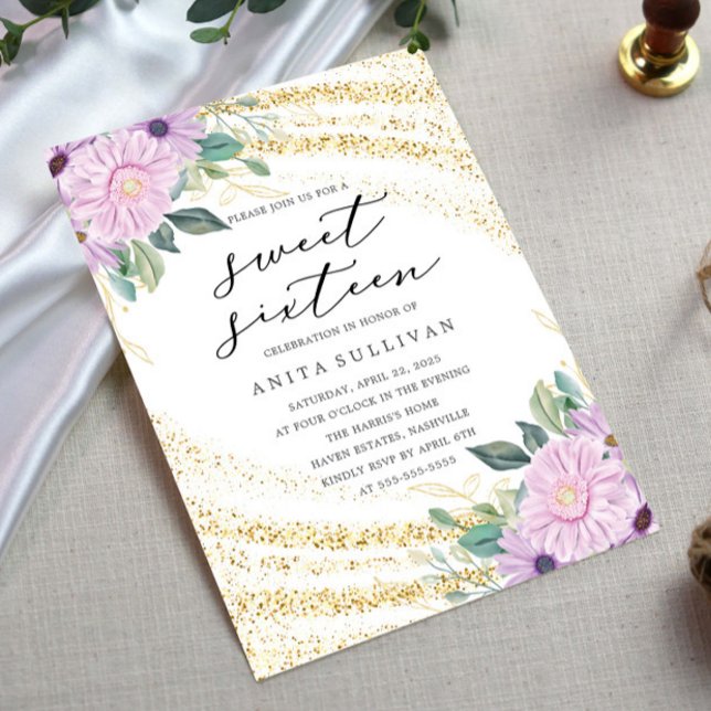 Gold Glitter Purple Rose Sweet Sixteen 16 Birthday Invitation (Creator Uploaded)
