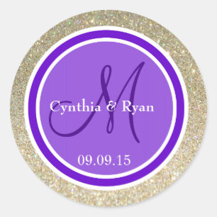 Gold Glitter & Purple Wedding Monogram Classic Round Sticker