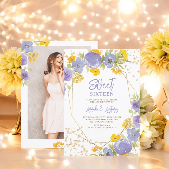 Gold glitter purple yellow floral photo Sweet 16 Invitation (Gold glitter purple yellow floral photo Sweet 16 Invitation)