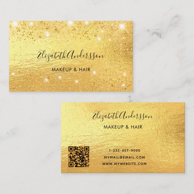 Gold glitter QR code script Business Card (Front/Back)