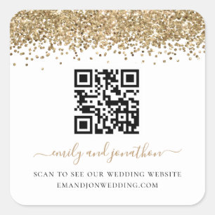 Gold Glitter QR Code Wedding Website Square Sticker