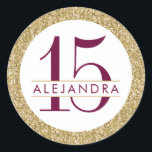 Gold Glitter Quince Años Favour Sticker Label<br><div class="desc">Sparkly Gold Glitter with burgundy (text colour is customisable) birthday age and name text. Great accent for an elegant and modern 15th birthday party, Quinceanera, quince anos celebration, or any birthday, party or wedding. The artwork is a printed image of glitter - no real glitter is used. Visit the Paper...</div>