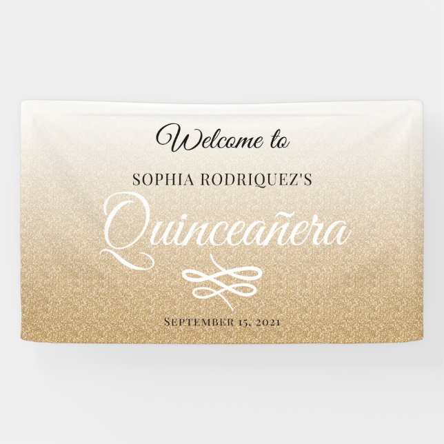 Gold Glitter Quinceañera 15th Birthday Welcome Banner (Horizontal)