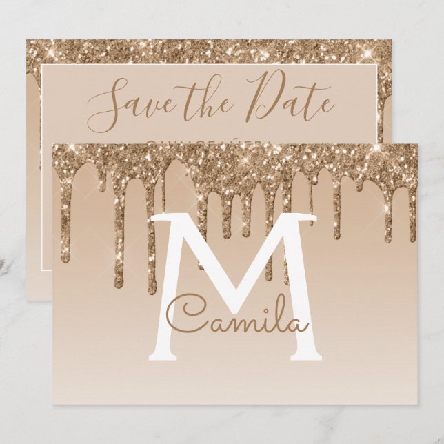 Gold Glitter Quinceanera Save the Date Invitation (Front/Back)