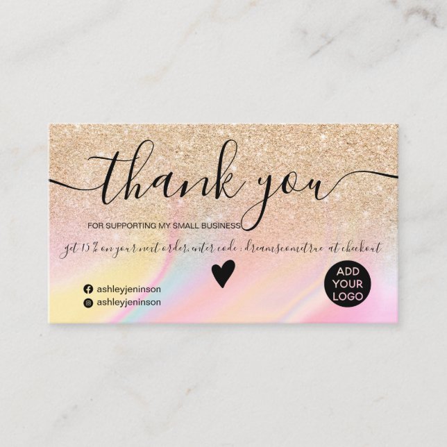 Gold glitter rainbow marble order thank you business card (Front)
