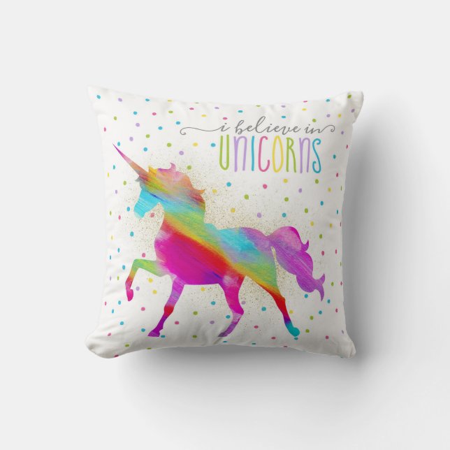Gold Glitter Rainbow Unicorn Cushion (Front)