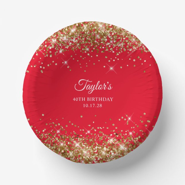 Gold Glitter Red 40th Birthday Paper Plate (Front)