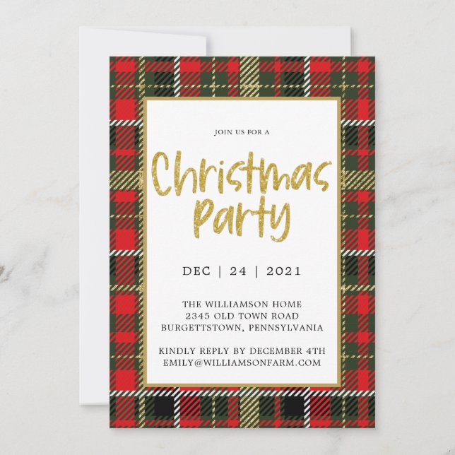 Gold Glitter Red and Green Plaid Christmas Party  Invitation (Front)