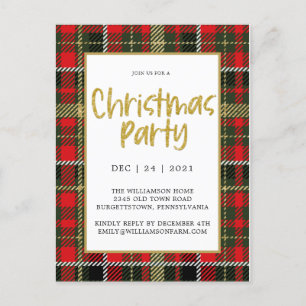 Gold Glitter Red and Green Plaid Christmas Party Postcard