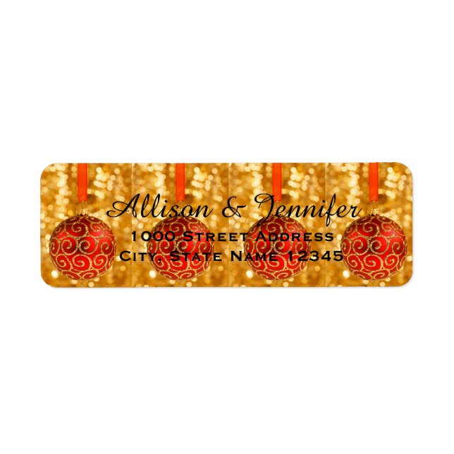Gold Glitter Red Ball Holiday Christmas Return Address Label (Front)