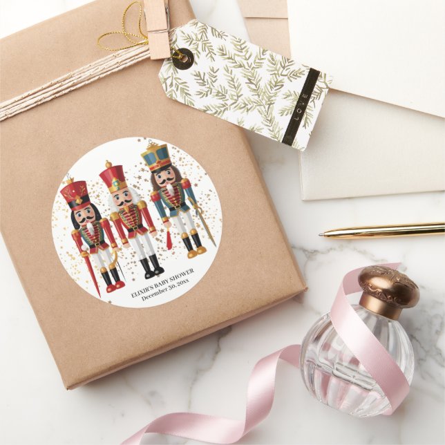 Gold Glitter Red & Blue Nutcracker Baby Shower Classic Round Sticker (Gifting)