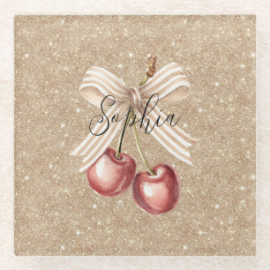 Gold Glitter Red Cherries Glass Coaster