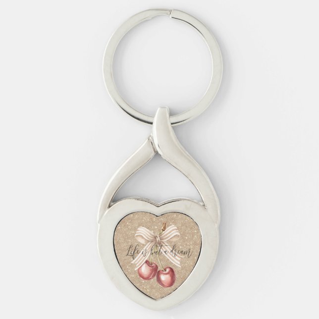 Gold Glitter Red Cherries Key Ring (Front)