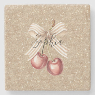 Gold Glitter Red Cherries Stone Coaster