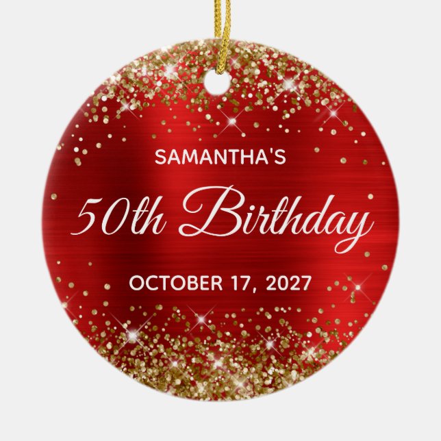 Gold Glitter Red Foil 50th Birthday Ceramic Ornament (Front)
