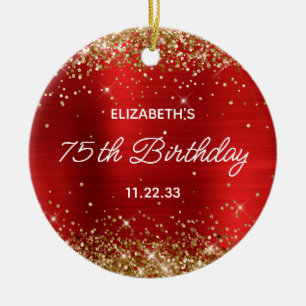 Gold Glitter Red Foil 75th Birthday Ceramic Ornament