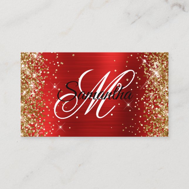Gold Glitter Red Foil Fancy Monogram Business Card (Front)