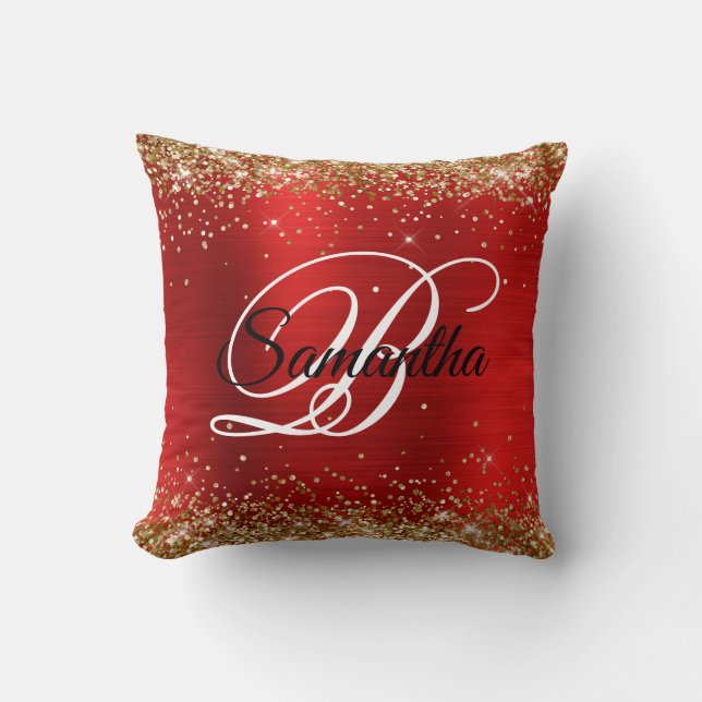 Gold Glitter Red Foil Fancy Monogram Cushion (Front)