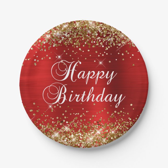 Gold Glitter Red Foil Happy Birthday Paper Plate (Front)