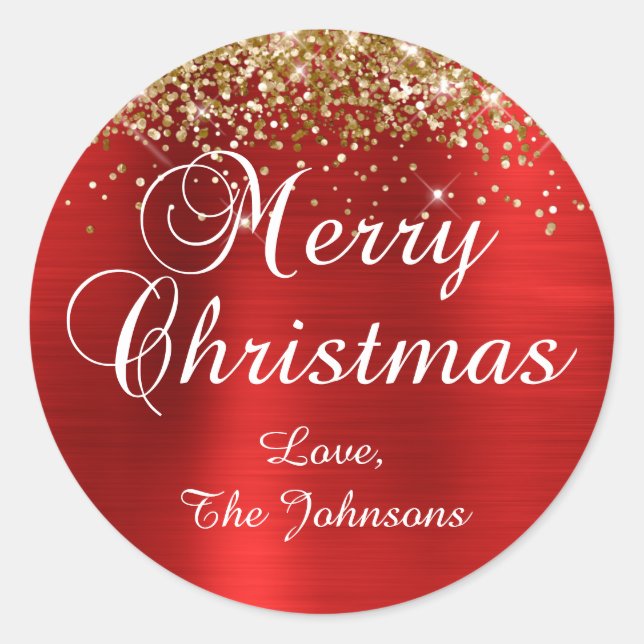Gold Glitter Red Foil Merry Christmas Classic Round Sticker (Front)