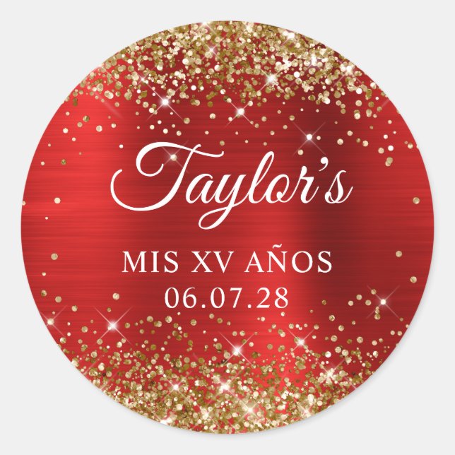 Gold Glitter Red Foil Mis XV Anos Birthday Classic Round Sticker (Front)