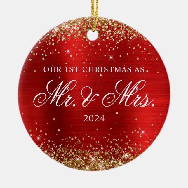 Gold Glitter Red Foil Our 1st Christmas Photo Ceramic Ornament (Front)