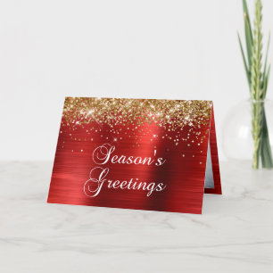 Gold Glitter Red Foil Photo Season's Greetings Holiday Card