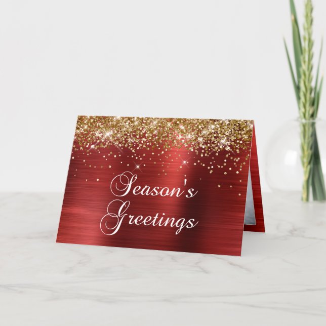 Gold Glitter Red Foil Photo Season's Greetings Holiday Card (Front)